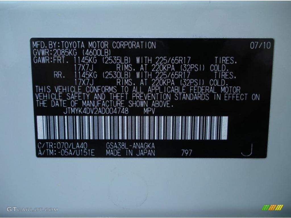 2010 RAV4 Color Code 070 for Blizzard White Pearl Photo #45261240