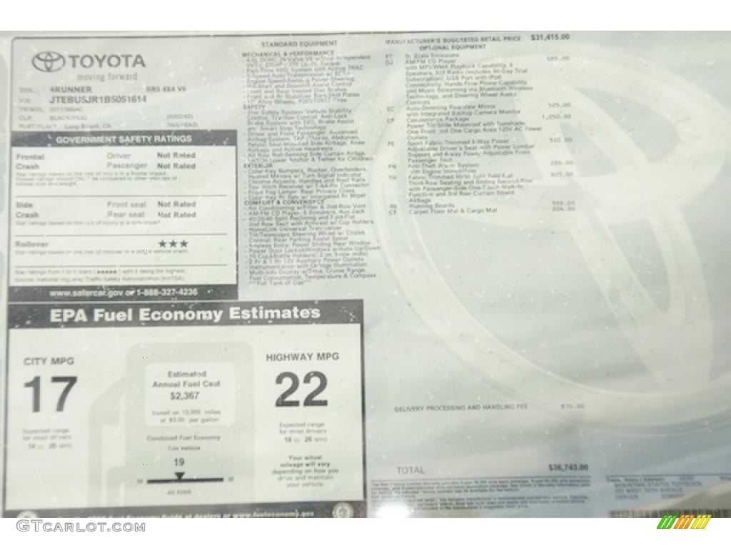 2011 Toyota 4Runner SR5 4x4 Window Sticker Photo #45268619