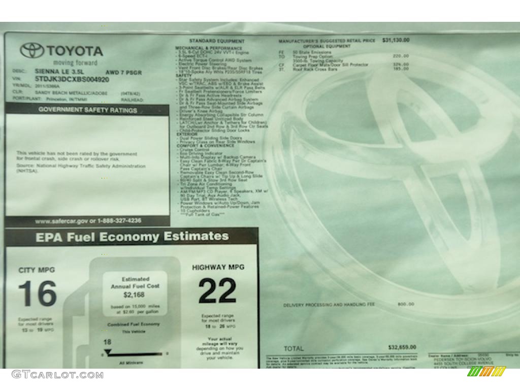 2011 Toyota Sienna LE AWD Window Sticker Photo #45269664