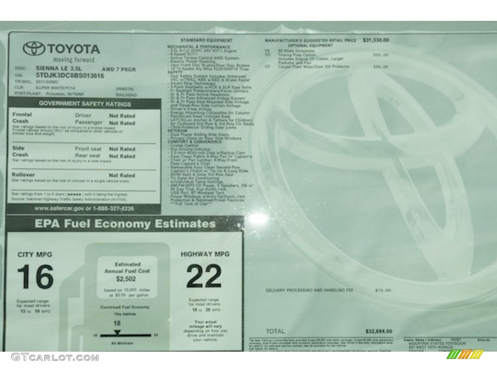 2011 Toyota Sienna LE AWD Window Sticker Photo #45269860