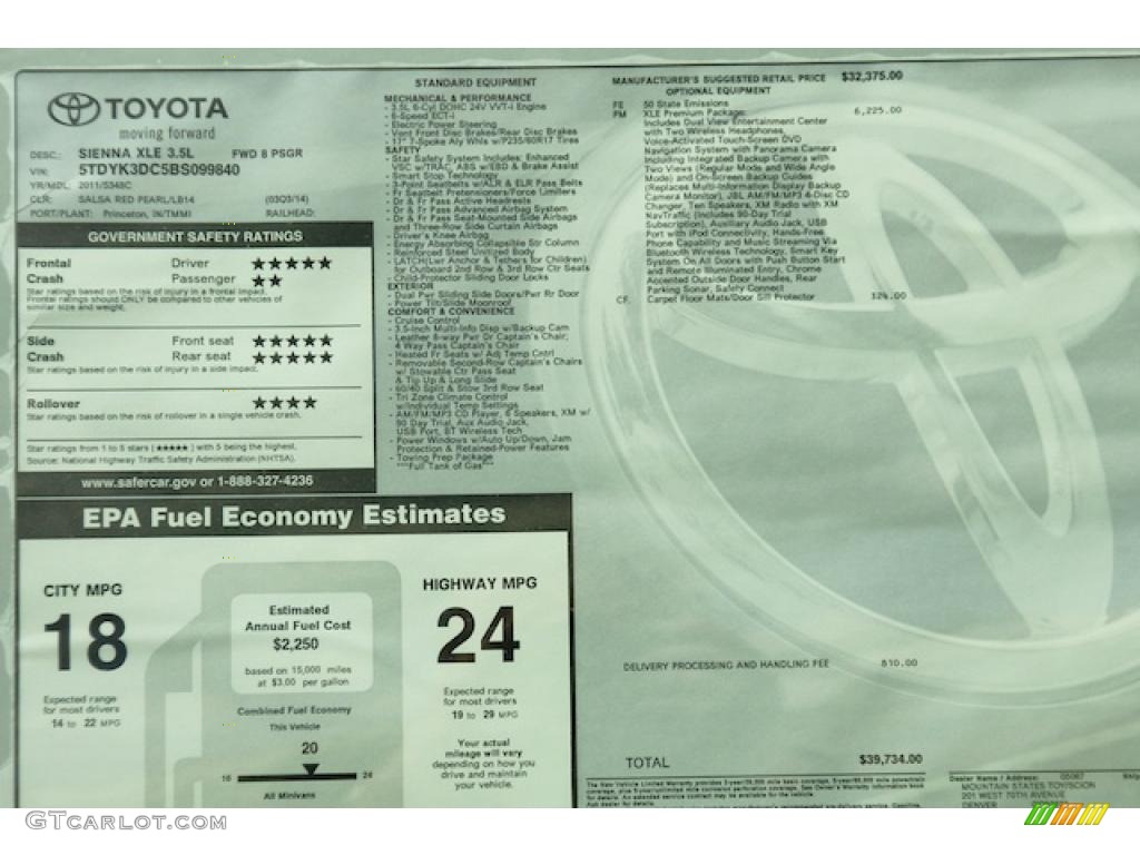 2011 Toyota Sienna XLE Window Sticker Photo #45270400