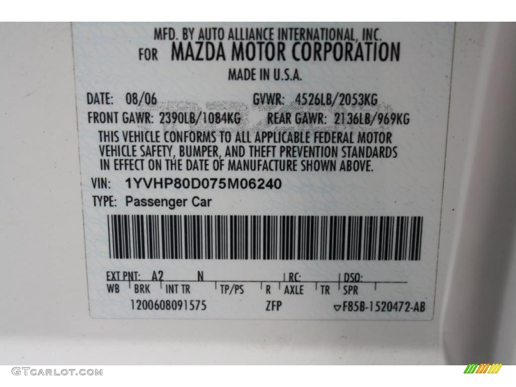2007 Mazda MAZDA6 s Touring Sedan Color Code Photos
