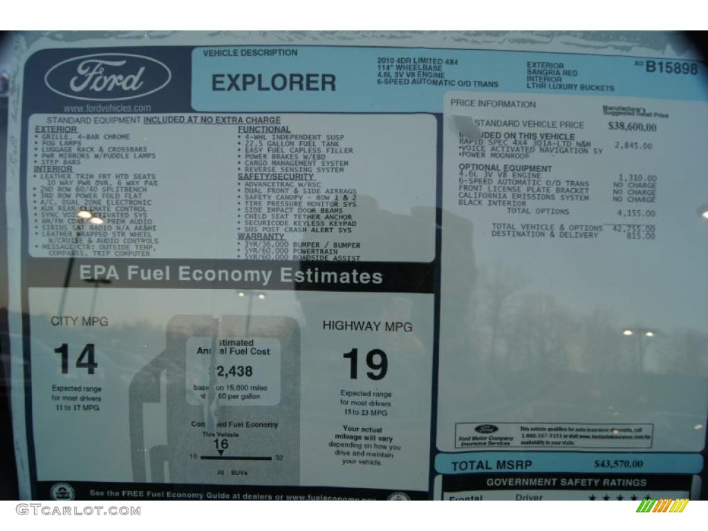 2010 Ford Explorer Limited 4x4 Window Sticker Photo #45305477