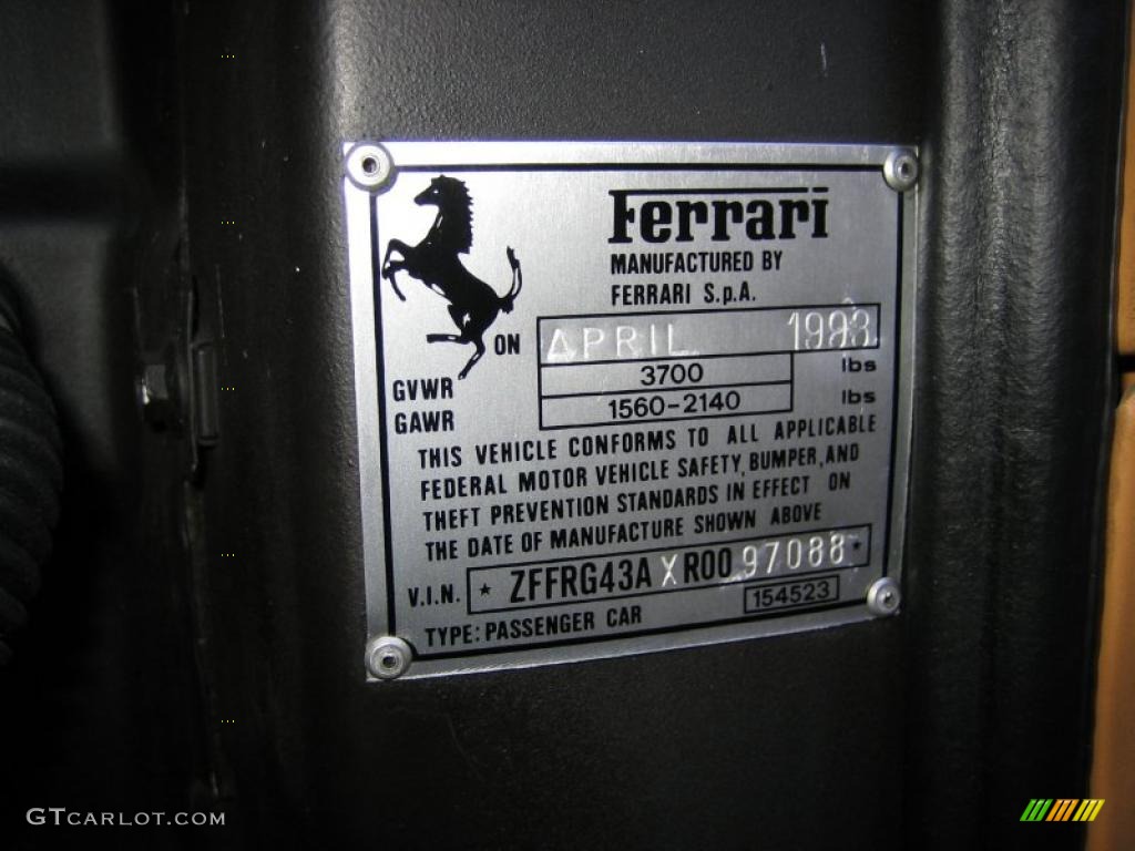 1994 Ferrari 348 Spider Info Tag Photo #45308813
