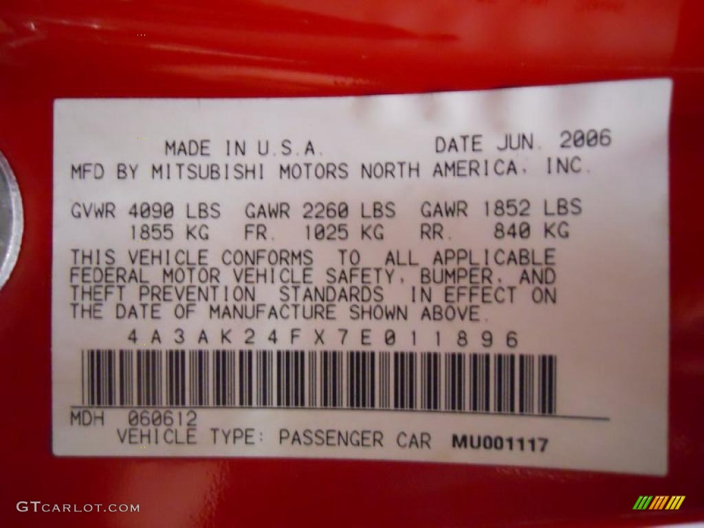 2007 Mitsubishi Eclipse GS Coupe Info Tag Photo #45325326
