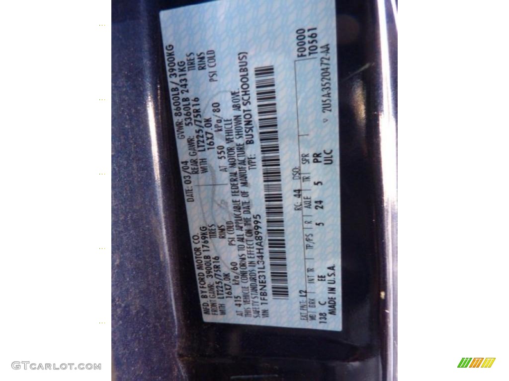 2004 Ford E Series Van E350 Super Duty XL Passenger Color Code Photos
