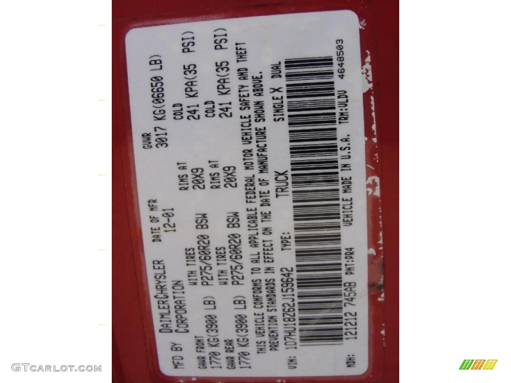 2002 Ram 1500 Color Code PR4 for Flame Red Photo #45373913