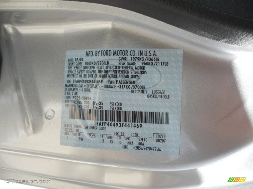 2003 Mustang Color Code YN for Silver Metallic Photo #45385982