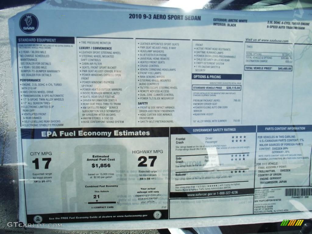 2010 Saab 9-3 Aero Sport Sedan XWD Window Sticker Photos