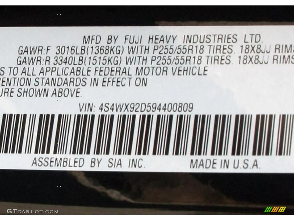 2009 Subaru Tribeca Limited 5 Passenger Info Tag Photo #45400410
