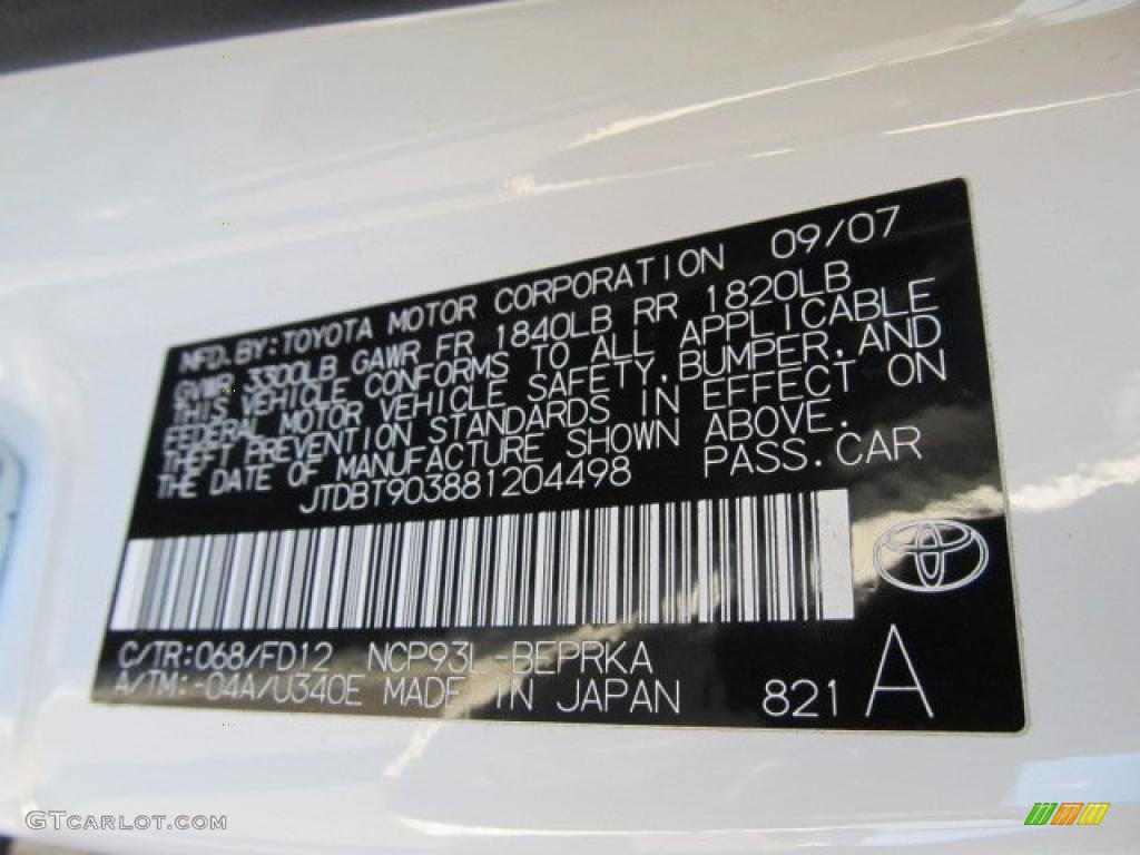 2008 Yaris Color Code 068 for Polar White Photo #45403907