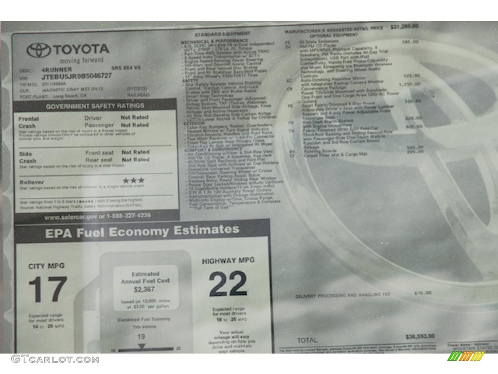 2011 Toyota 4Runner SR5 4x4 Window Sticker Photo #45405336