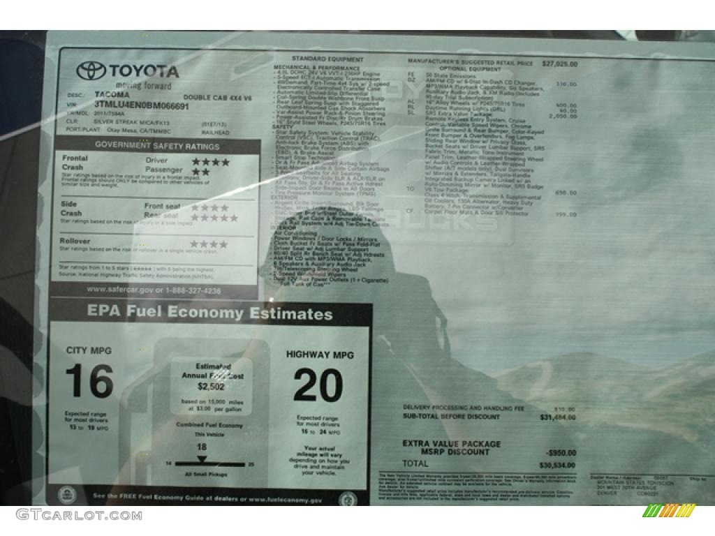 2011 Toyota Tacoma V6 SR5 Double Cab 4x4 Window Sticker Photo #45411297