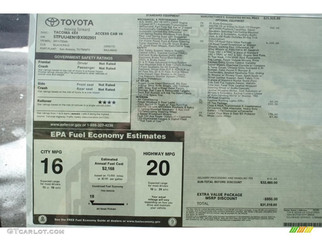 2011 Toyota Tacoma V6 TRD Access Cab 4x4 Window Sticker Photo #45411913