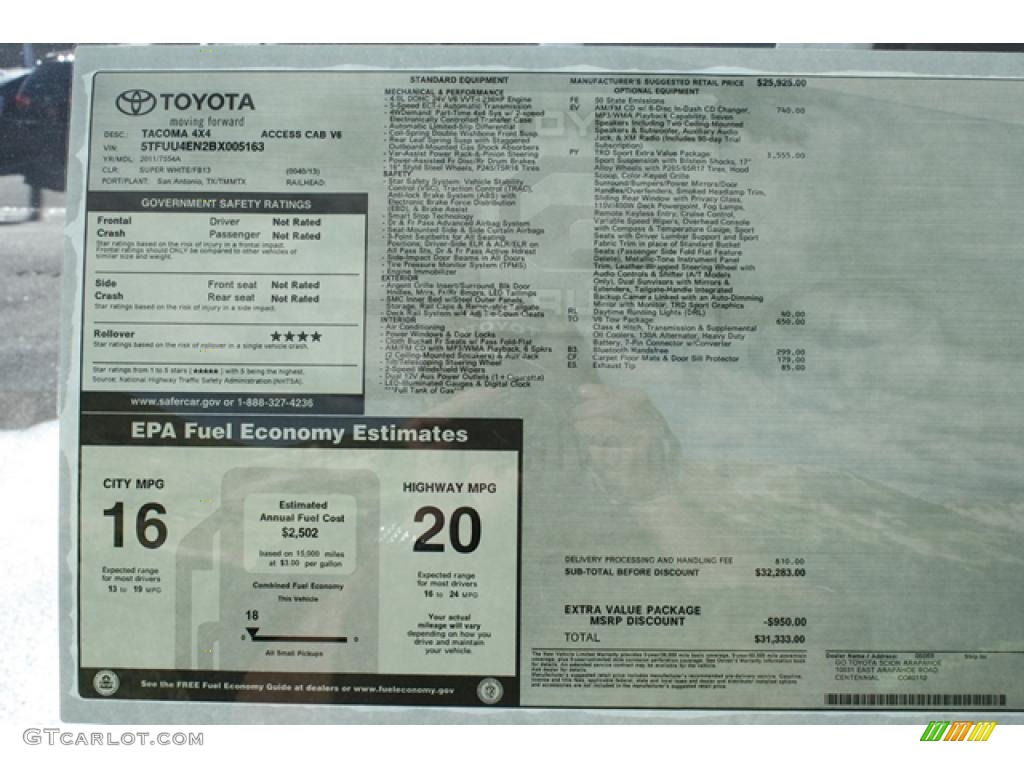 2011 Toyota Tacoma V6 TRD Sport Access Cab 4x4 Window Sticker Photo #45411973
