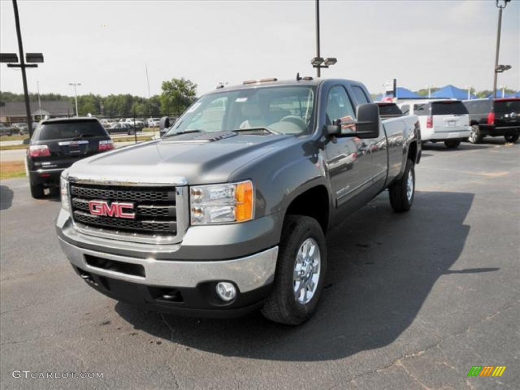 2011 Sierra 3500HD SLT Extended Cab 4x4 - Gray Green Metallic / Light Cashmere/Dark Cashmere photo #3