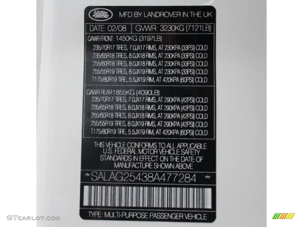 2008 Land Rover LR3 V8 HSE Info Tag Photos
