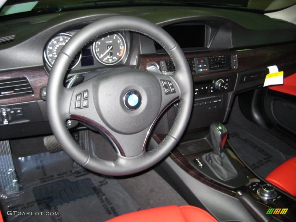2011 BMW 3 Series 328i Coupe Coral Red/Black Dakota Leather Steering Wheel Photo #45456564