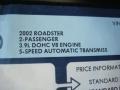 2002 Ford Thunderbird Premium Roadster Window Sticker