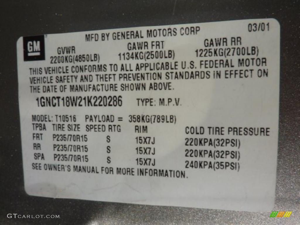 2001 Chevrolet Blazer LS ZR2 4x4 Info Tag Photo #45482895