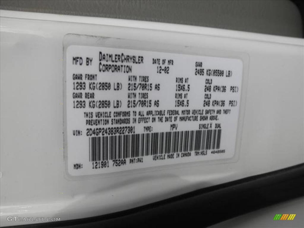 2003 Grand Caravan Color Code PW1 for Stone White Photo #45485150
