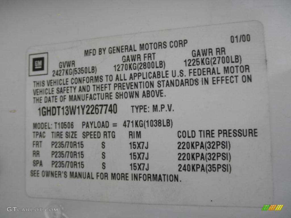 2000 Oldsmobile Bravada AWD Info Tag Photo #45490188