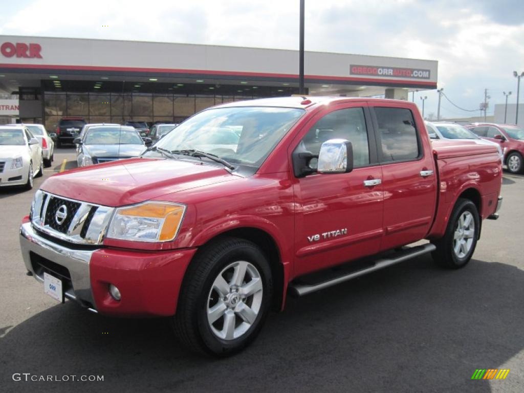 2010 Titan LE Crew Cab - Red Alert / Almond photo #1