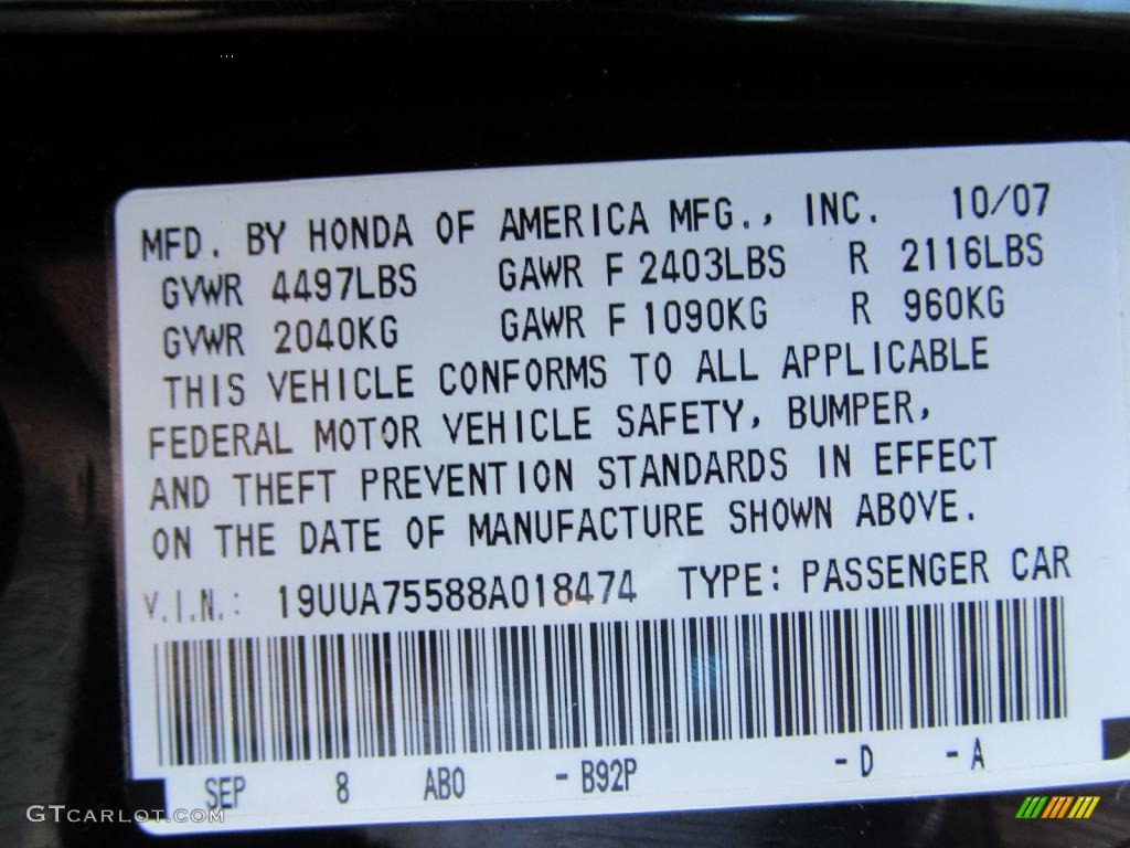 2008 TL Color Code B92P for Nighthawk Black Pearl Photo #45508791