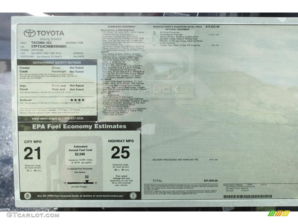 2011 Toyota Tacoma Access Cab Window Sticker Photo #45514188