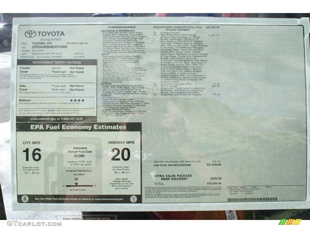 2011 Toyota Tacoma V6 TRD Access Cab 4x4 Window Sticker Photo #45514244