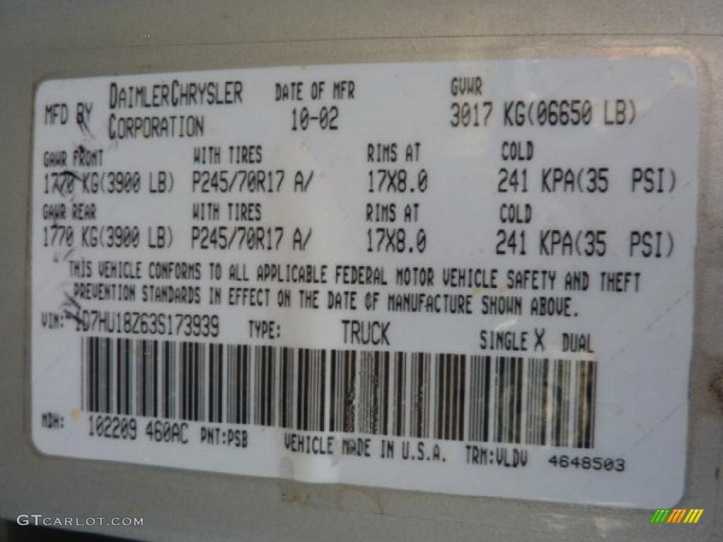 2003 Ram 1500 Color Code PSB for Bright Silver Metallic Photo #45519858