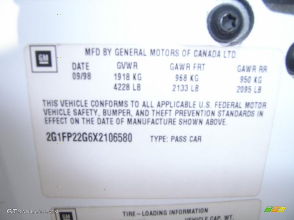 1999 Chevrolet Camaro Z28 Coupe Info Tag Photos