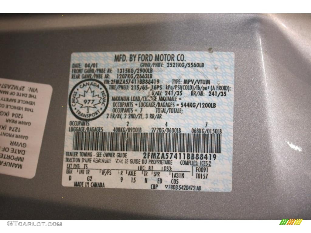 2001 Ford Windstar SE Sport Info Tag Photo #45541551