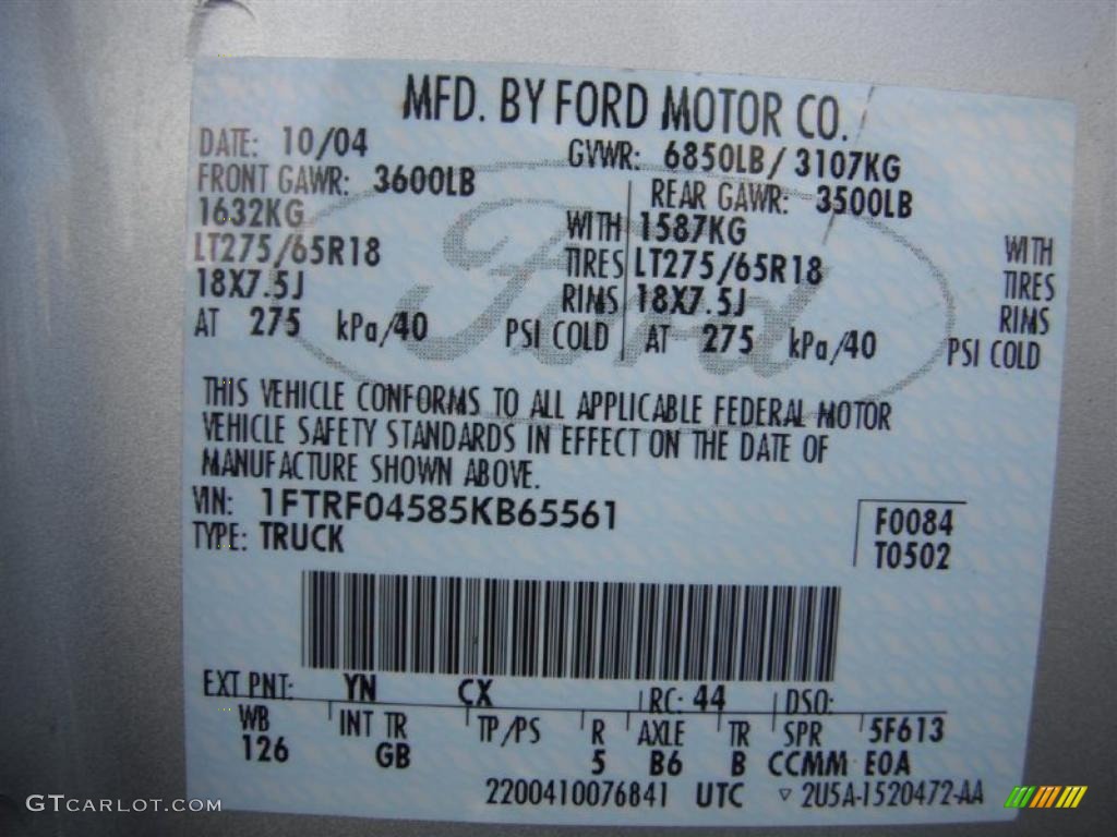 2005 F150 Color Code YN for Silver Metallic Photo #45541663