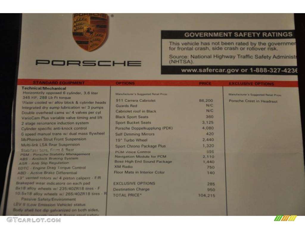 2009 Porsche 911 Carrera Cabriolet Window Sticker Photo #45545701