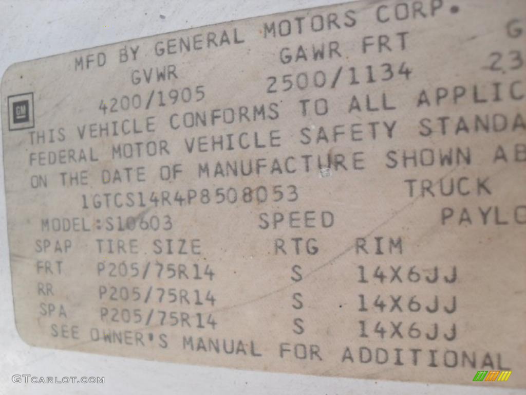 1993 GMC Sonoma SLE Regular Cab Info Tag Photo #45551721