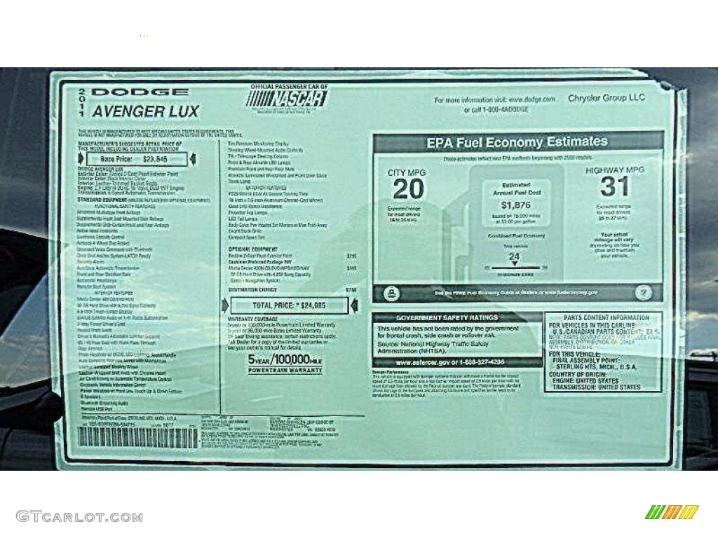 2011 Dodge Avenger Lux Window Sticker Photo #45563355
