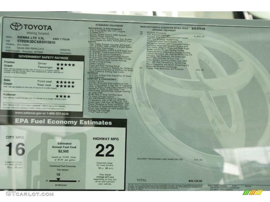 2011 Toyota Sienna Limited AWD Window Sticker Photo #45573576