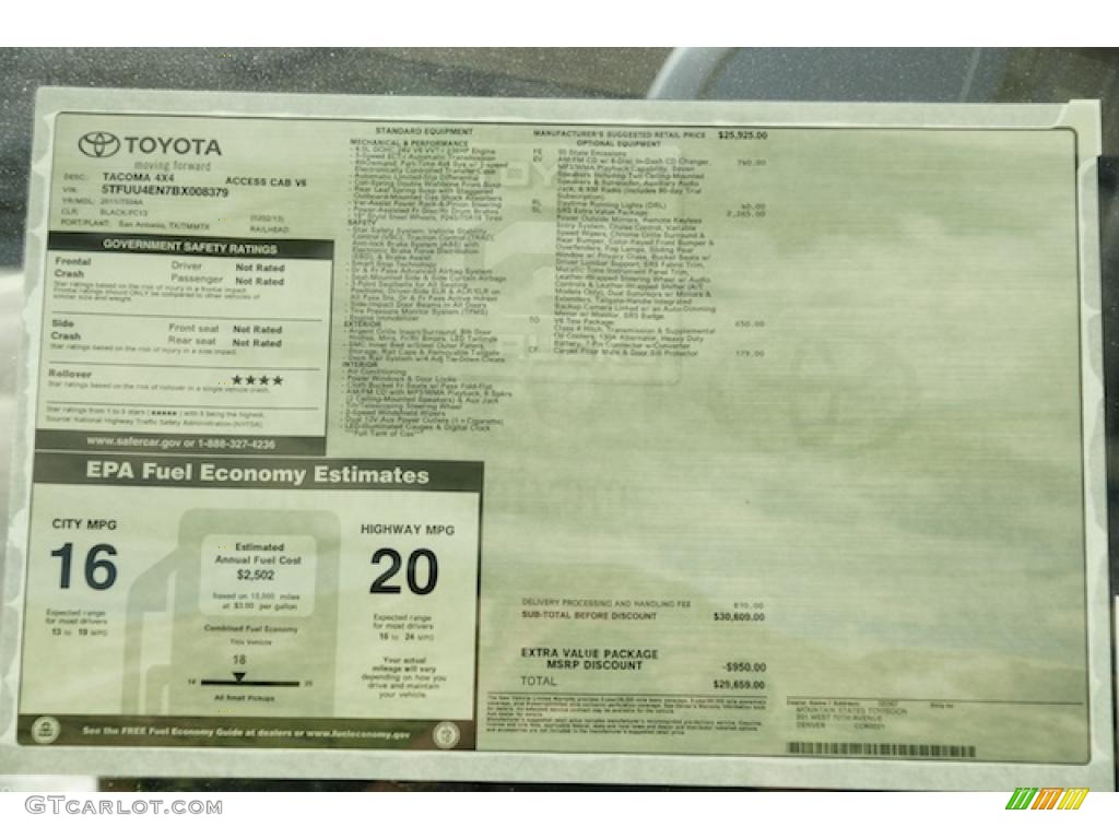 2011 Toyota Tacoma V6 SR5 Access Cab 4x4 Window Sticker Photo #45574698