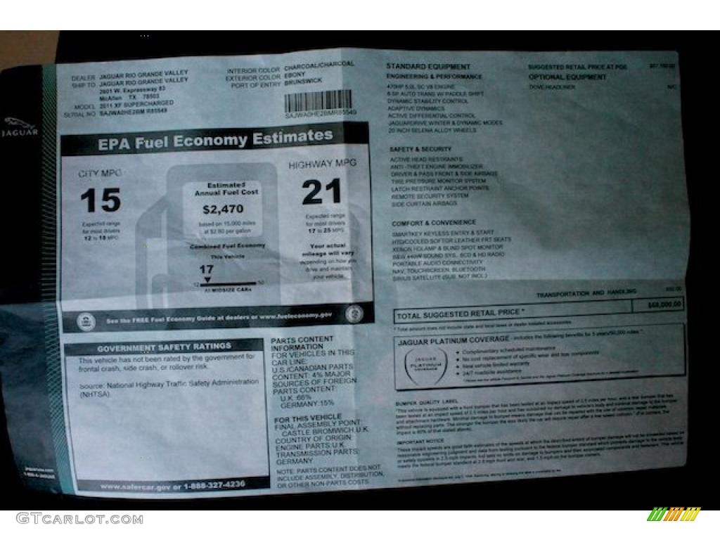 2011 Jaguar XF XF Supercharged Sedan Window Sticker Photo #45596512