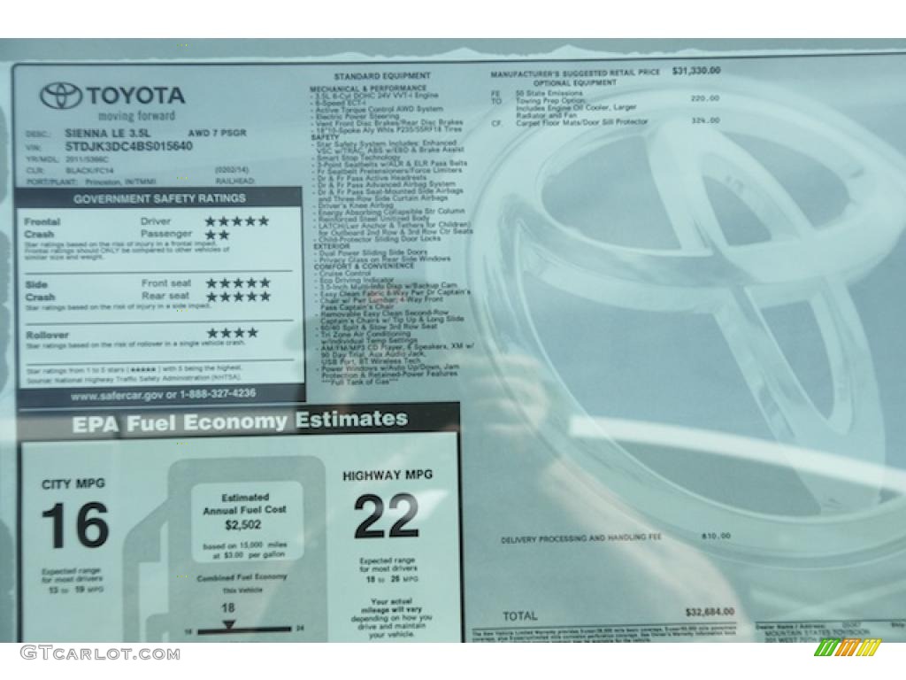 2011 Toyota Sienna LE AWD Window Sticker Photo #45597000