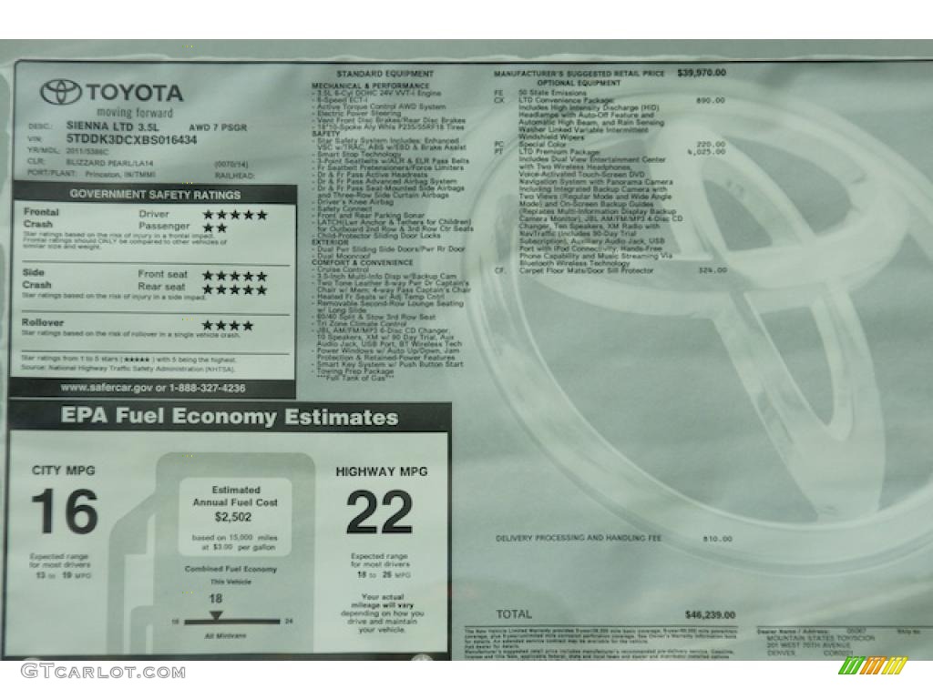 2011 Toyota Sienna Limited AWD Window Sticker Photo #45597484