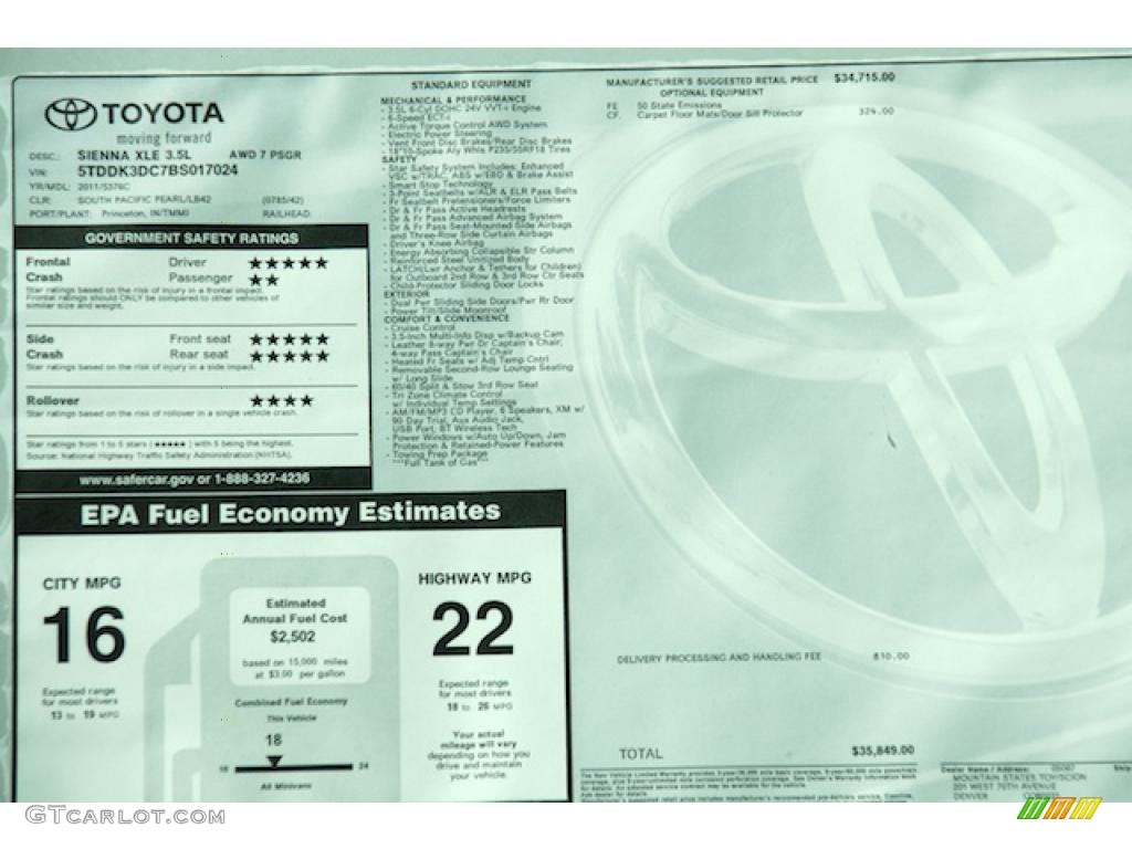 2011 Toyota Sienna XLE AWD Window Sticker Photo #45597700