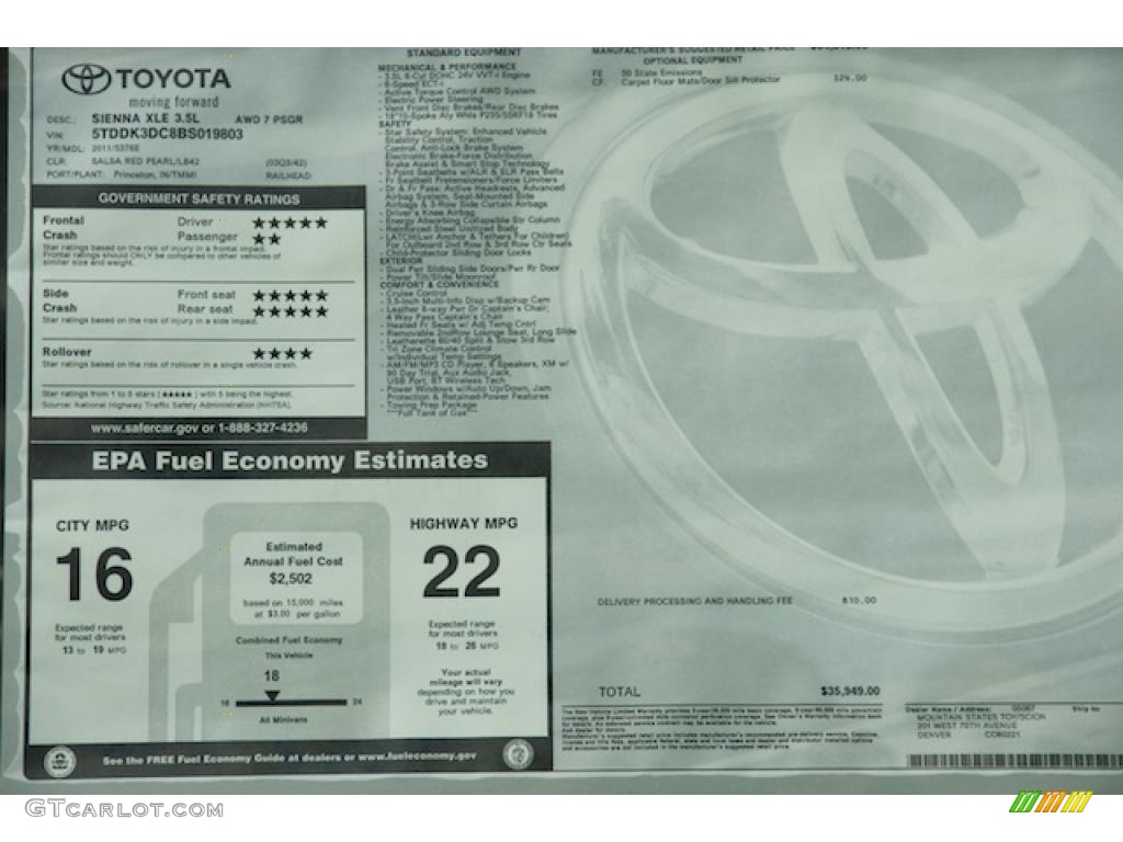 2011 Toyota Sienna XLE AWD Window Sticker Photo #45598152