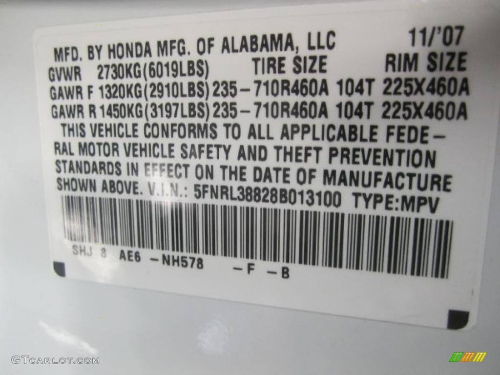 2008 Odyssey Color Code NH578 for Taffeta White Photo #45605035