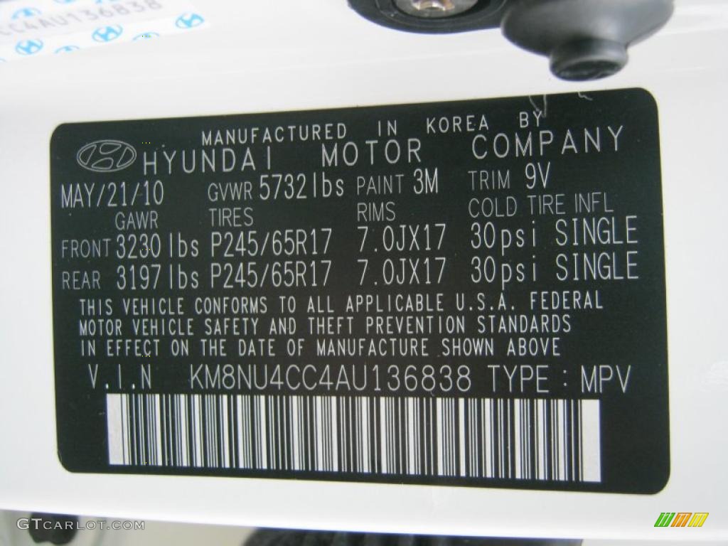 2010 Veracruz Color Code 3M for Stone White Photo #45612523