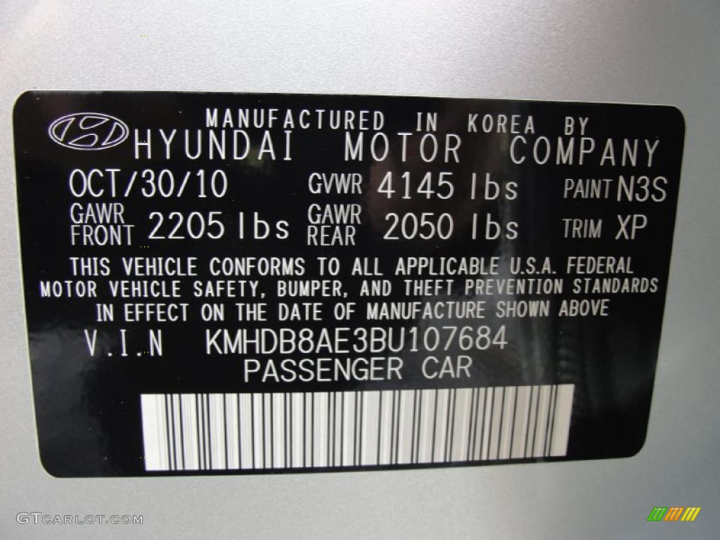 2011 Elantra Color Code N3S for Shimmering Silver Metallic Photo #45650281