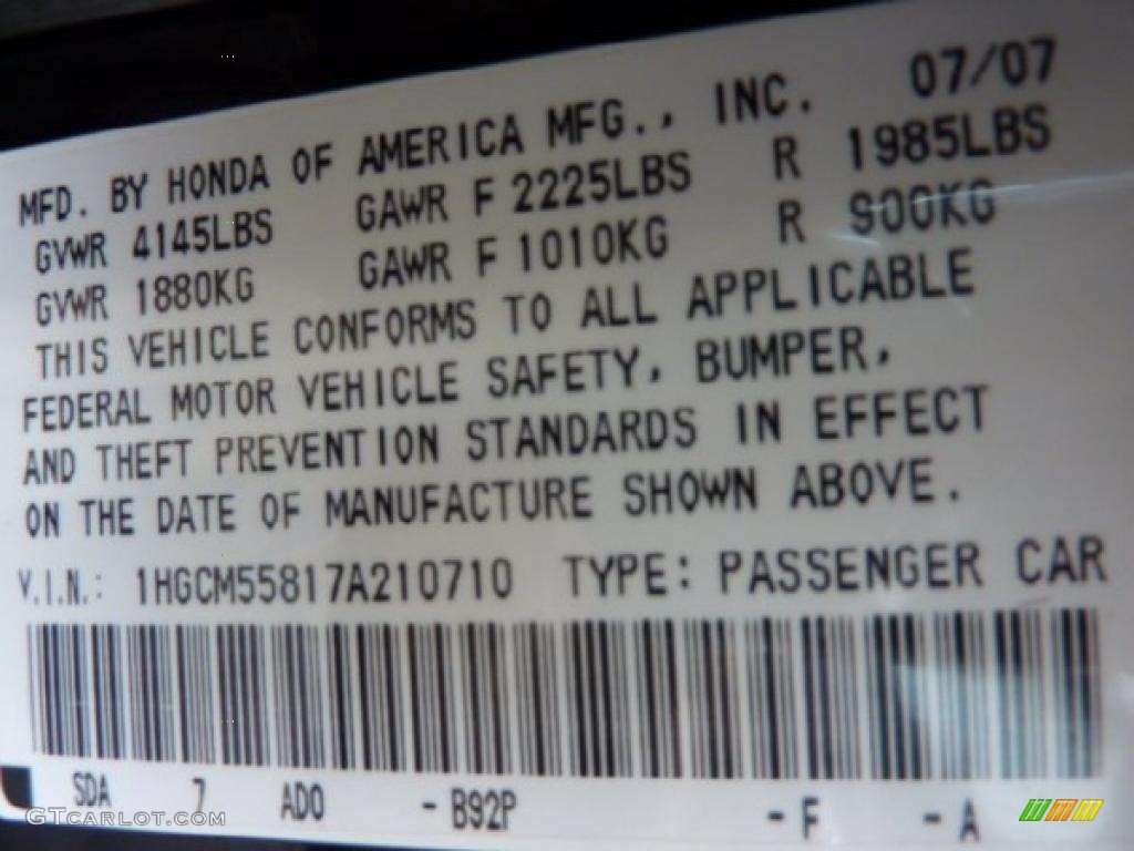 2007 Accord Color Code B92P for Nighthawk Black Pearl Photo #45668148