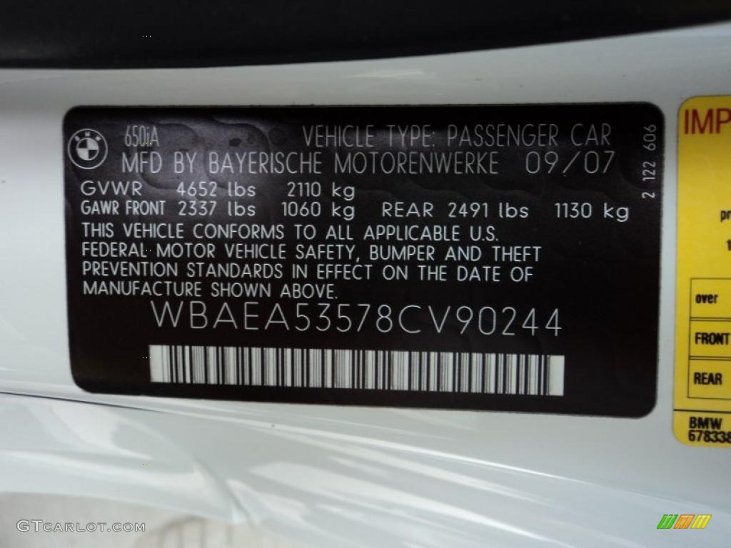 2008 BMW 6 Series 650i Coupe Info Tag Photo #45670512