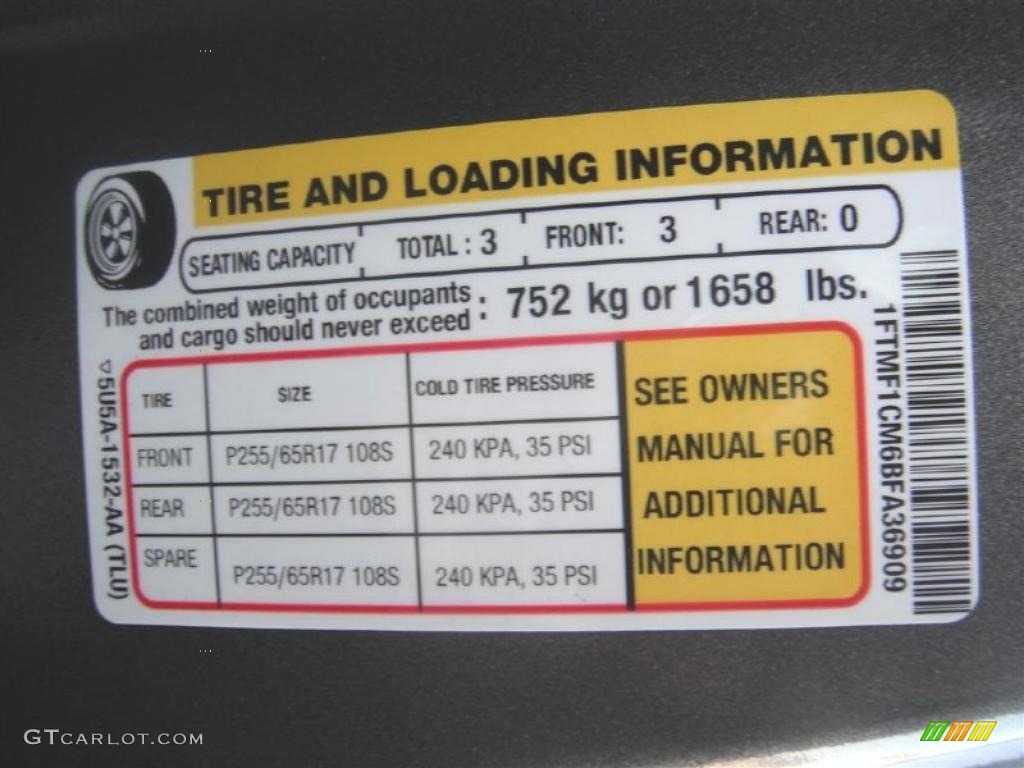 2011 Ford F150 XL Regular Cab Info Tag Photos